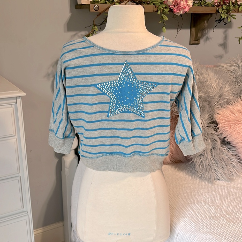 Beautees Gray Cotton Knit Top Rhinestone Studded Star Girls Large